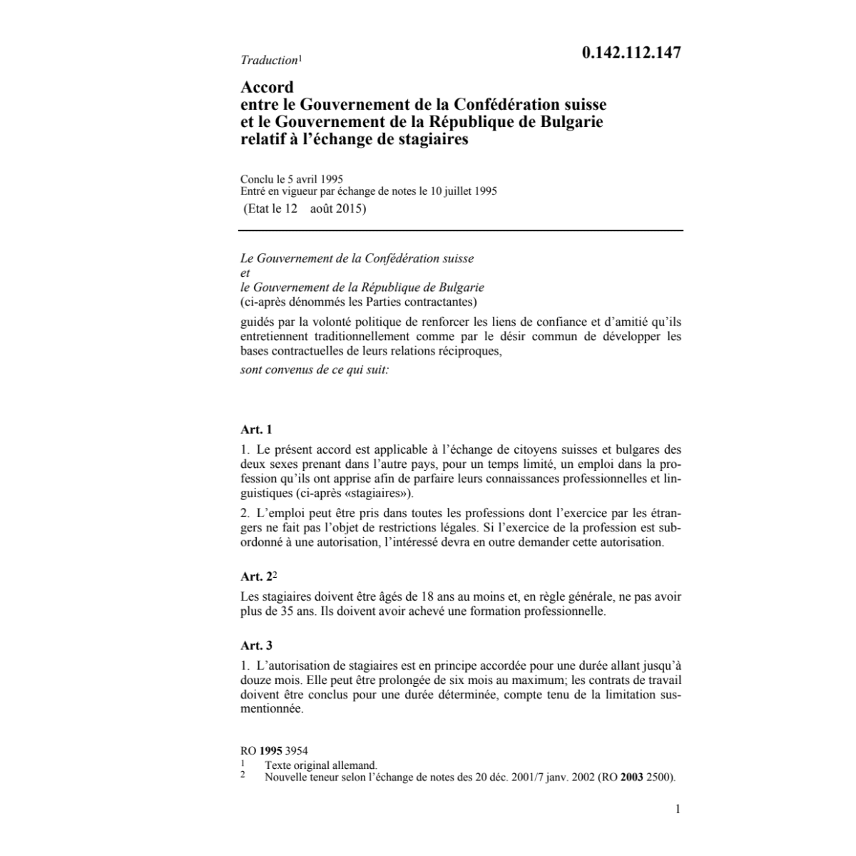 Ac. Suisse/Bulgarie échange stagiaires