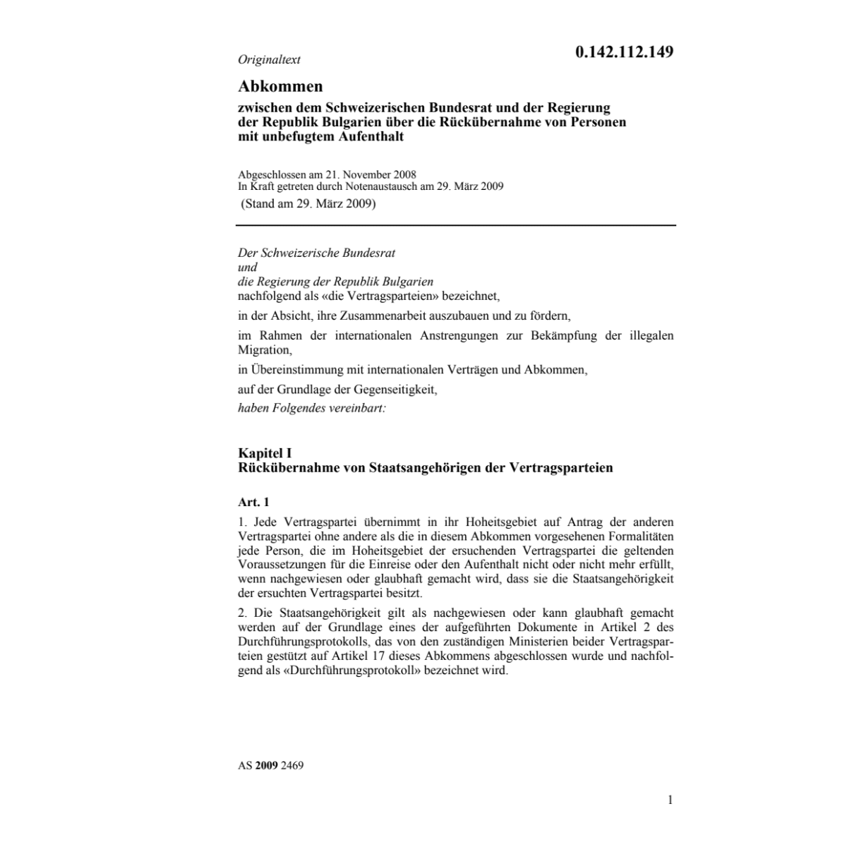 Abk. CH/Bulgarien Rückübernahme