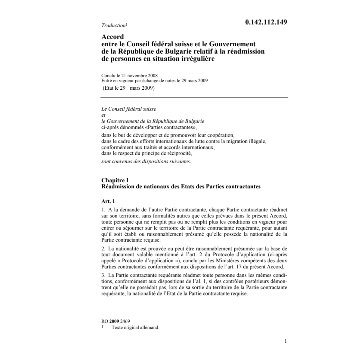 Ac. CH/Bulgarie réadmission de personnes