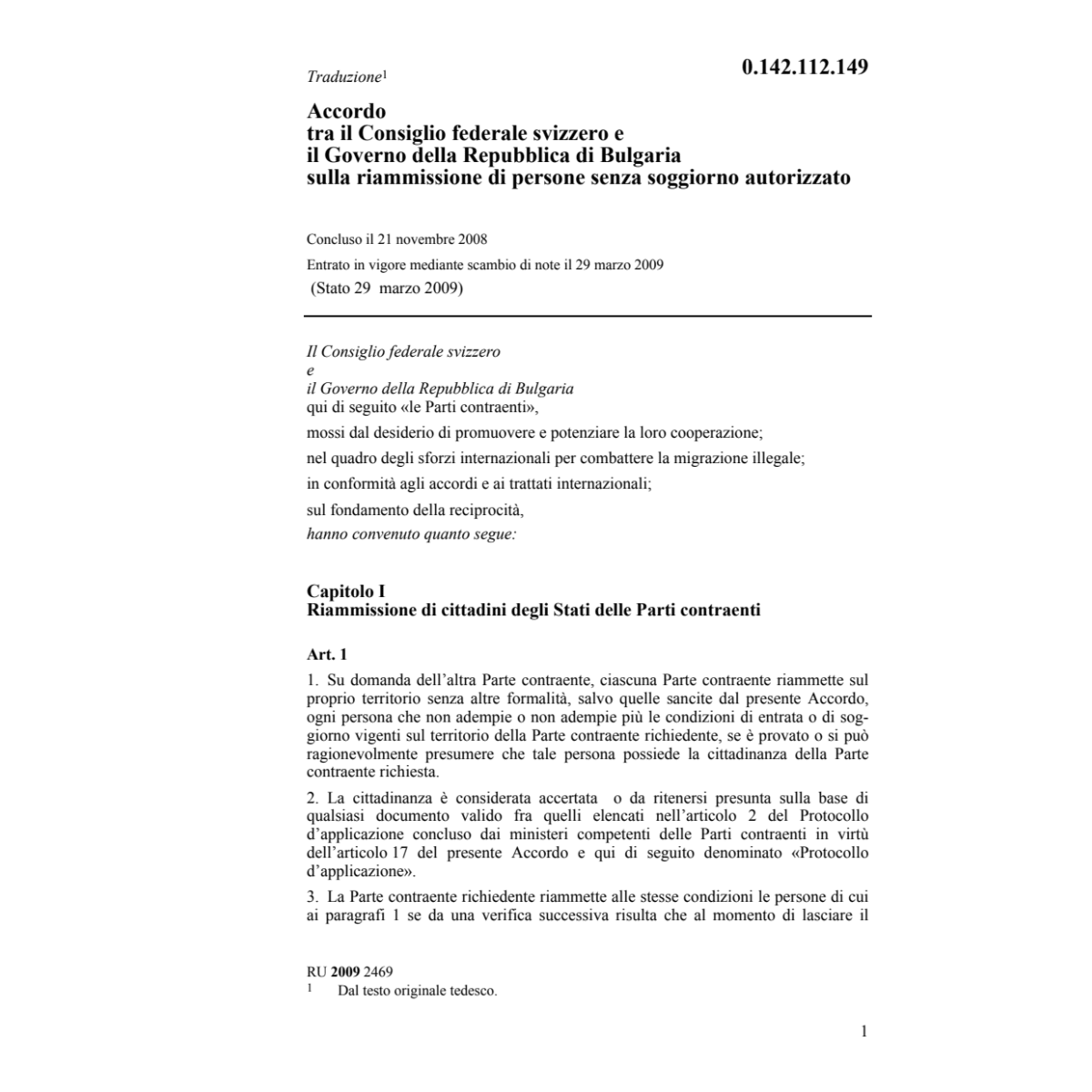 Acc. CH/Bulgaria riaccettazione persone