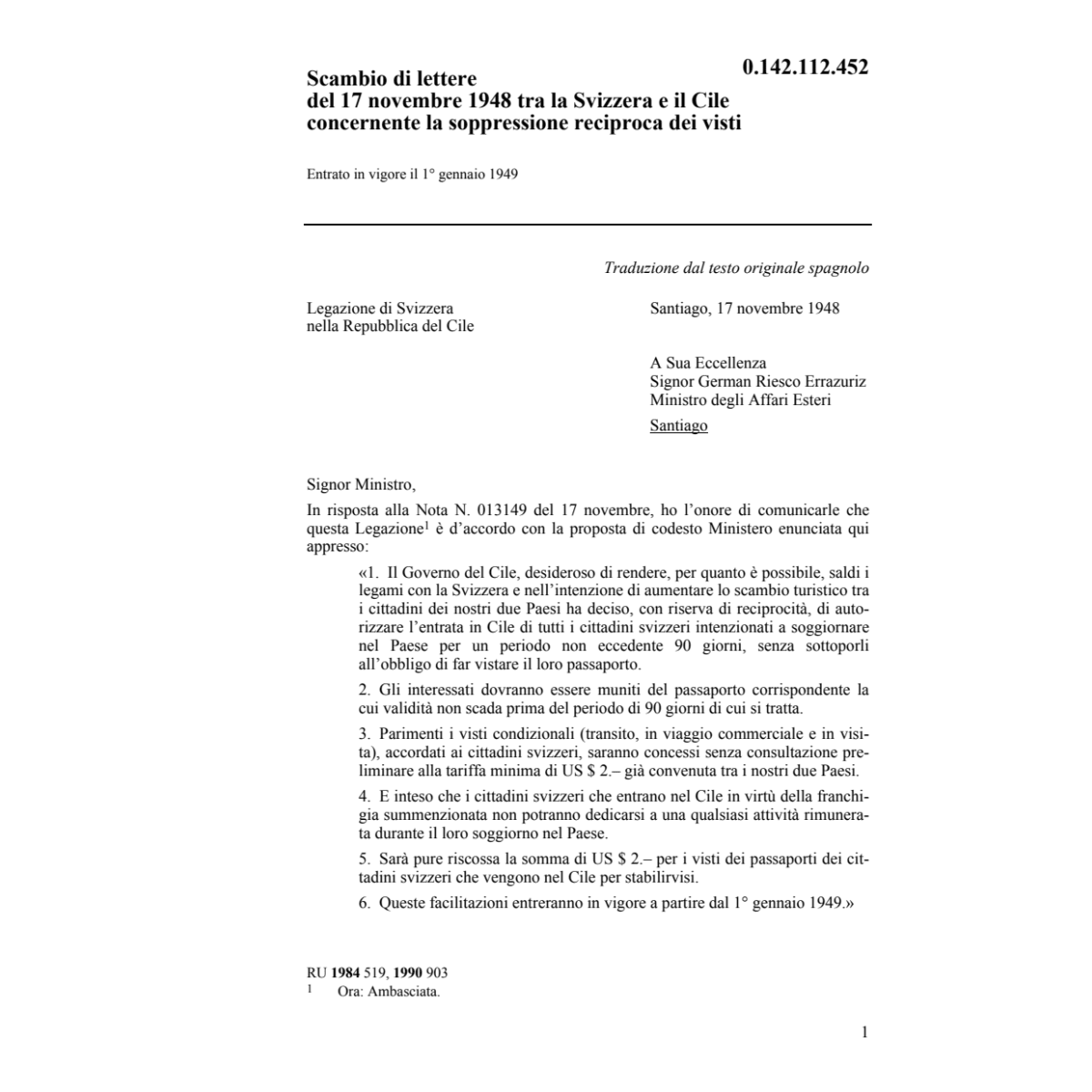 Lettere CH/Cile soppressione dei visti