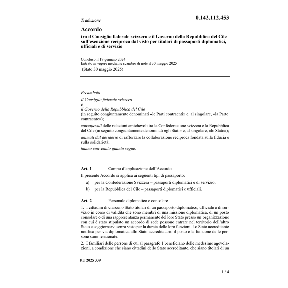 Accordo CH-Cili reciproca dal visto