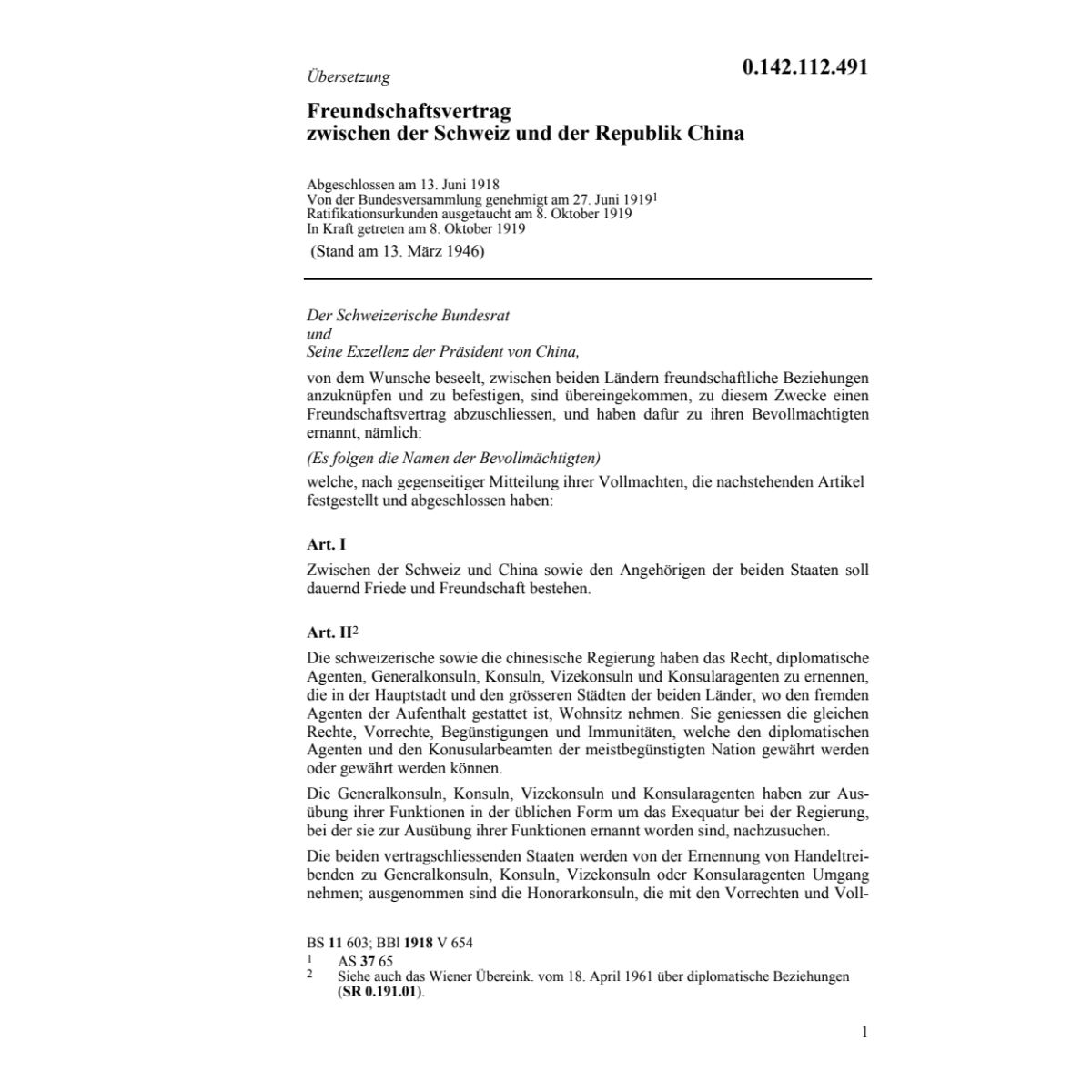Freundschaftsvertrag Schweiz/China