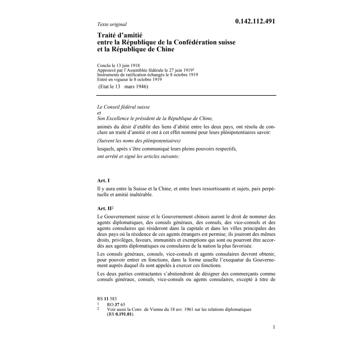 Traitté d'amitié entre la Suisse/Chine