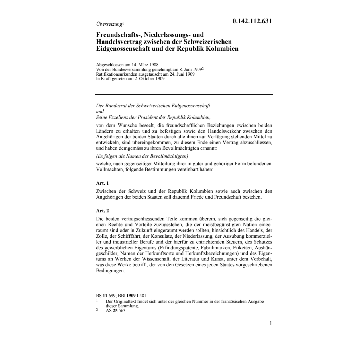 Freundschaftsvertrag CH/Kolumbien