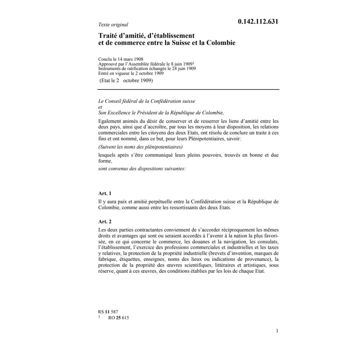 Tr. d'amitié, commerce CH/Colombie