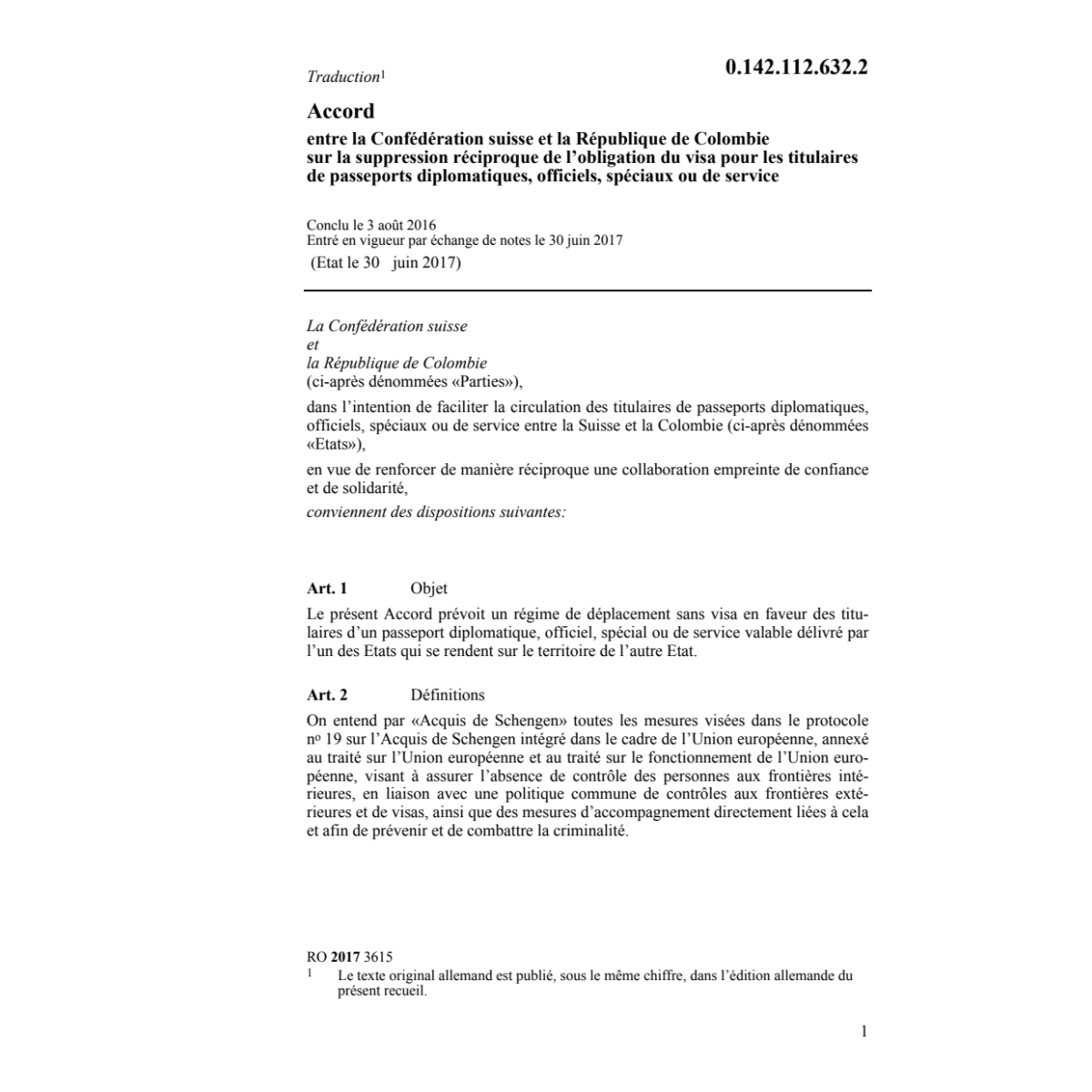 Ac. CH/CO tit. passeports diplomatiques