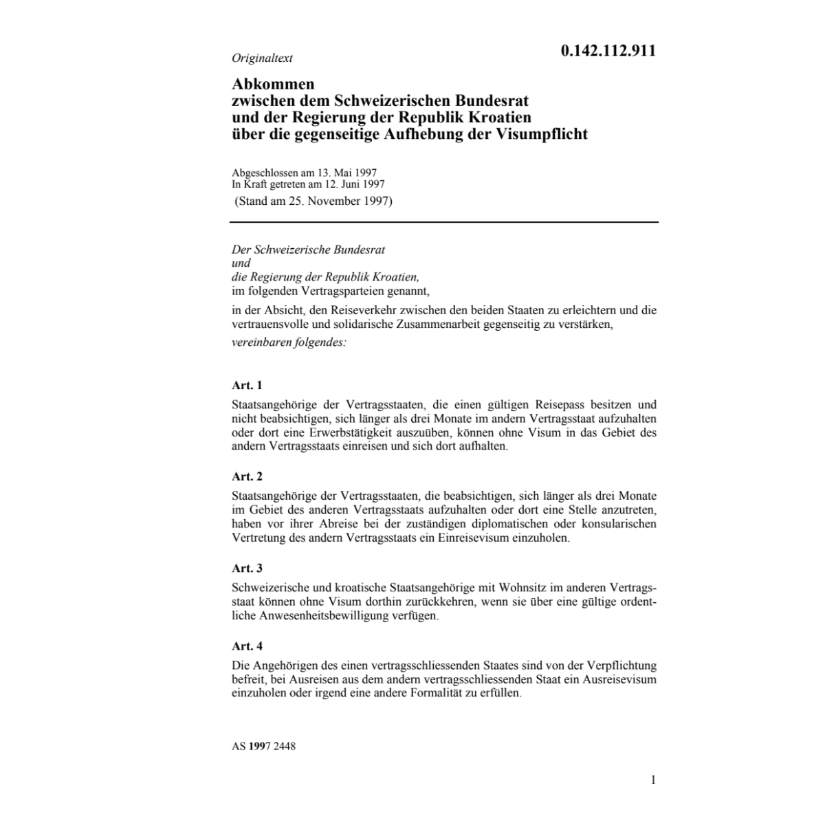 Abk. CH/Kroatien Visumspflicht