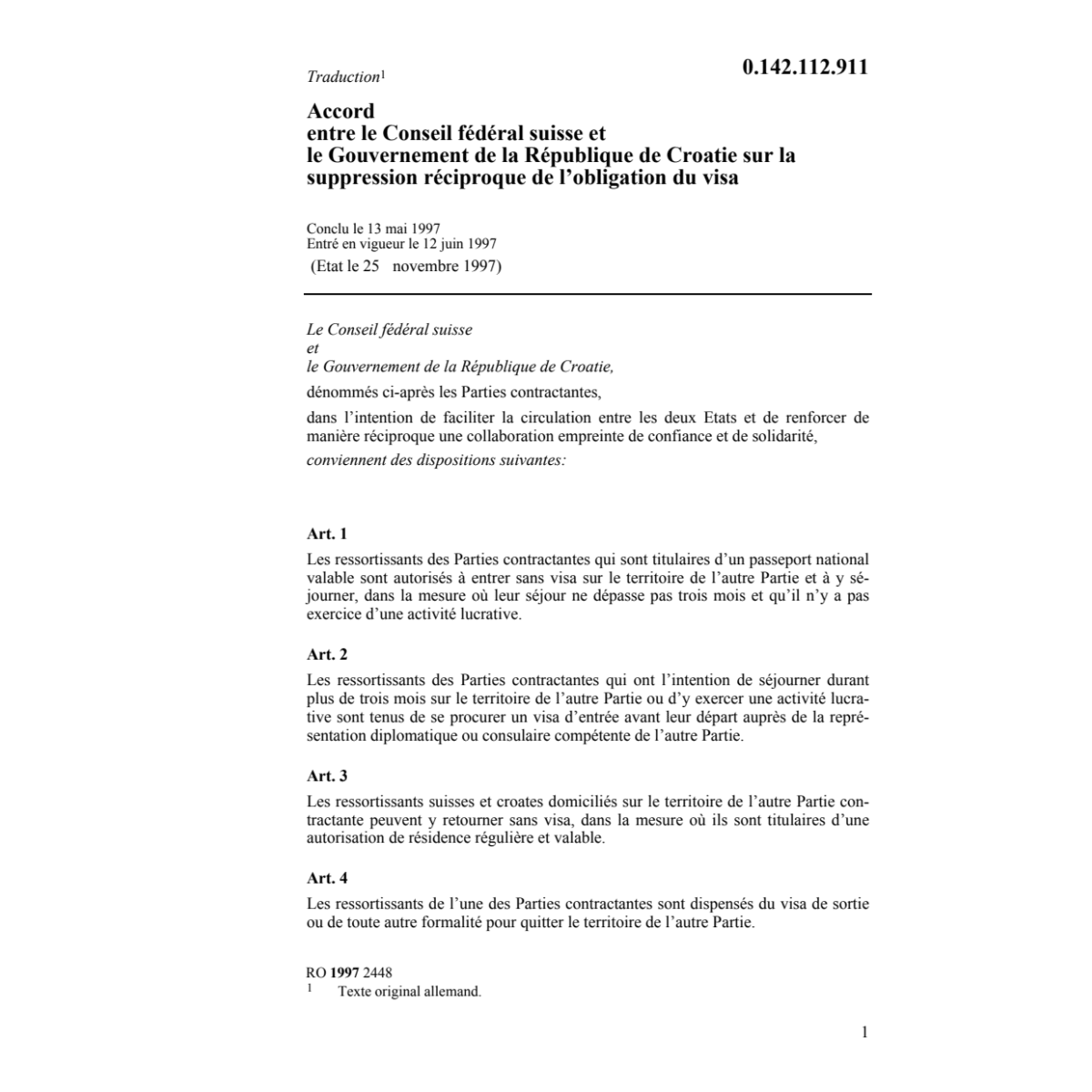 Accord CH/Croatie obligation visa