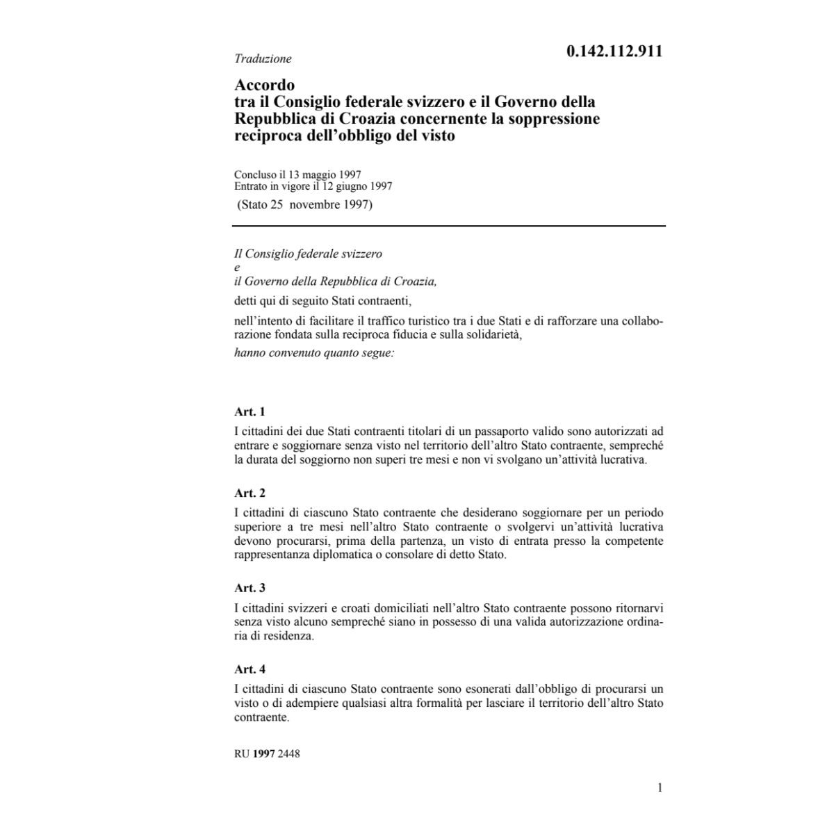 Accordo CH/Croazia obbligo del visto