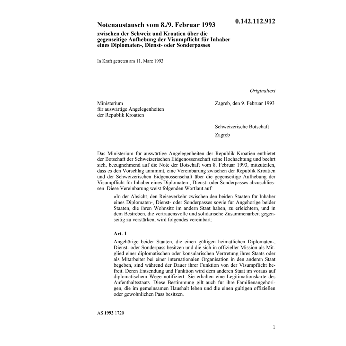Notenaustausch CH/Kroatien Visumspflicht