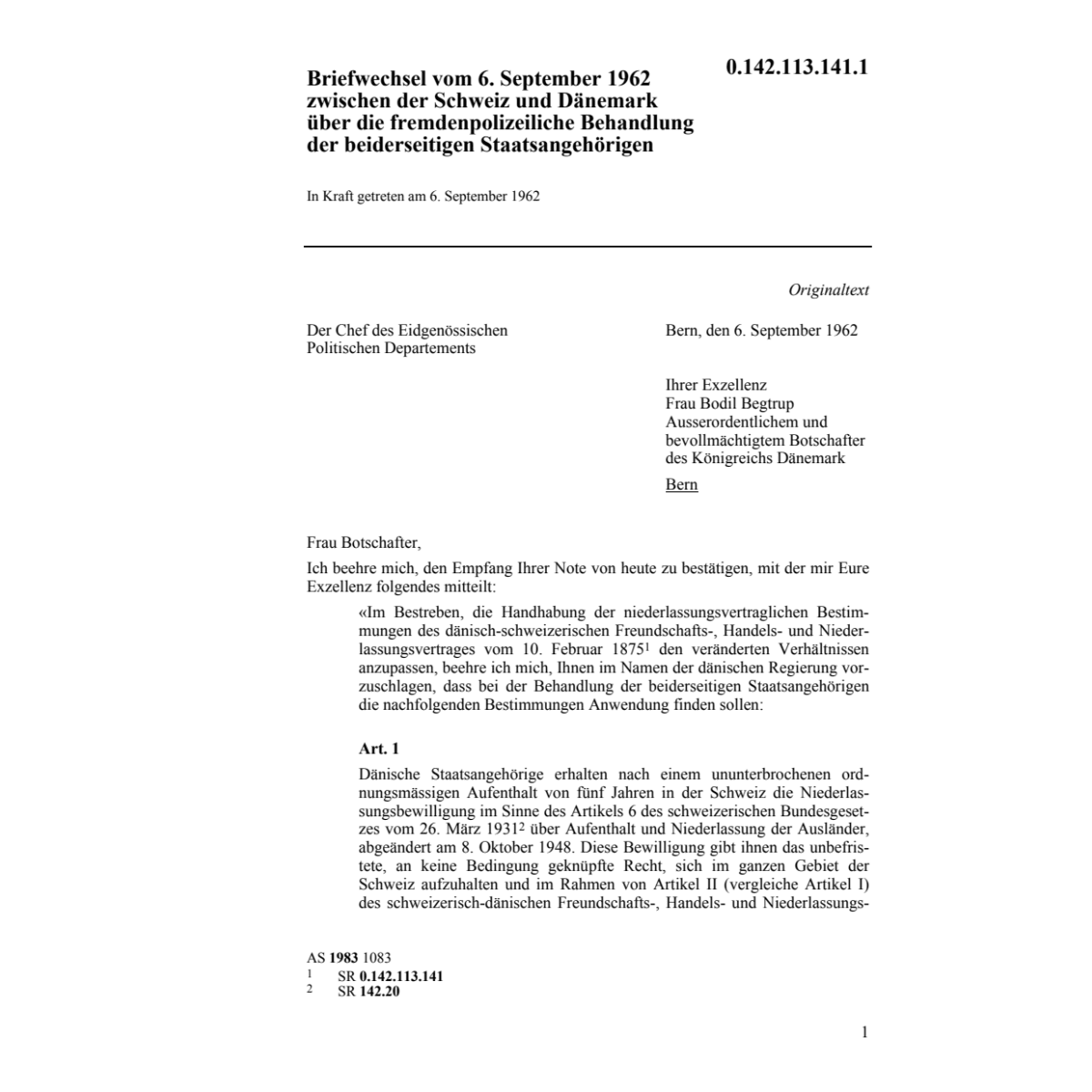 Briefwechsel CH/Dänemark Staatsangehörig