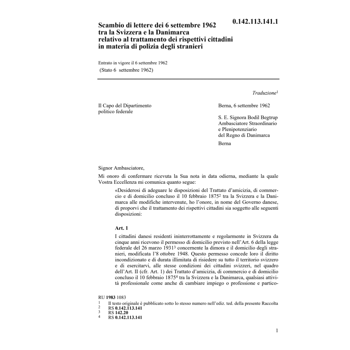 Lettere CH/Danimarca tratt. rispettivi