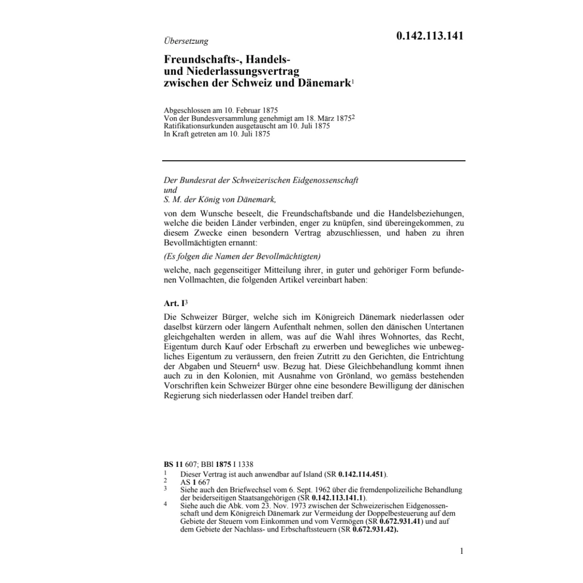 Freundschaftsvertrag CH/Dänemark