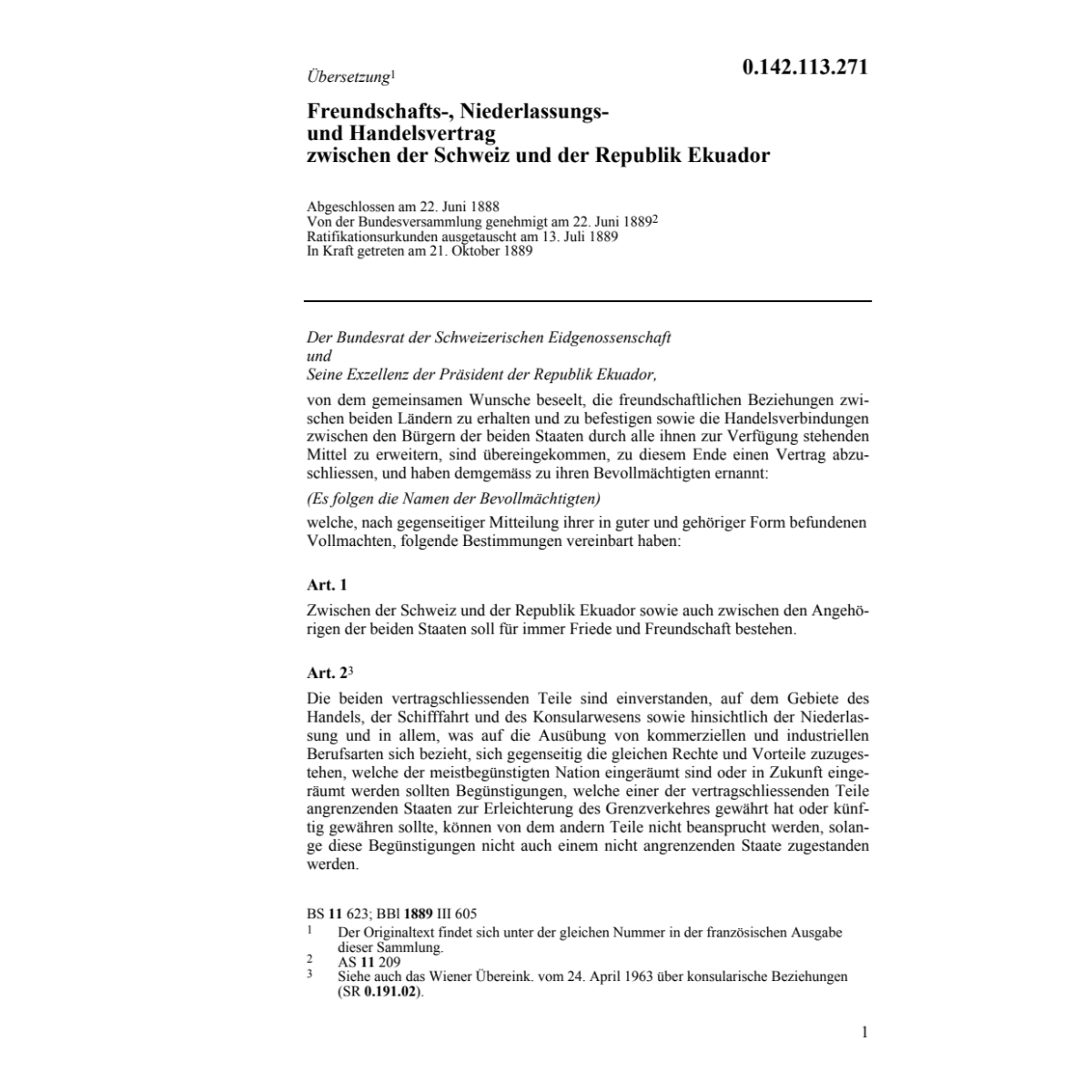 Freundschaftsvertrag CH/Ecuador
