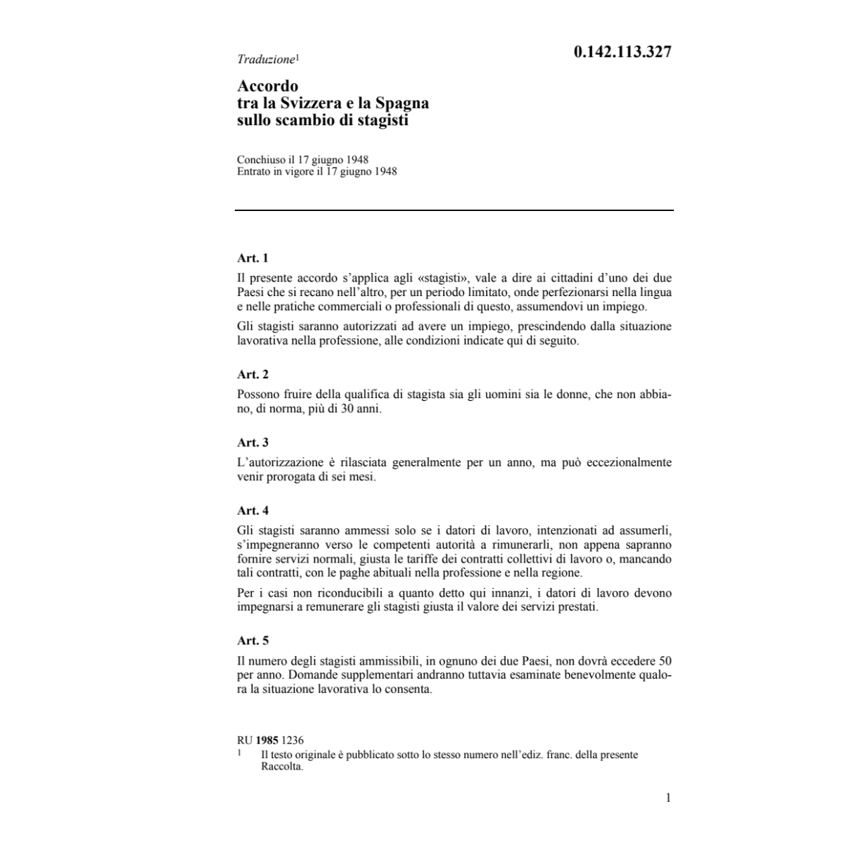 Acc. CH/Spagna scambio di stagisti