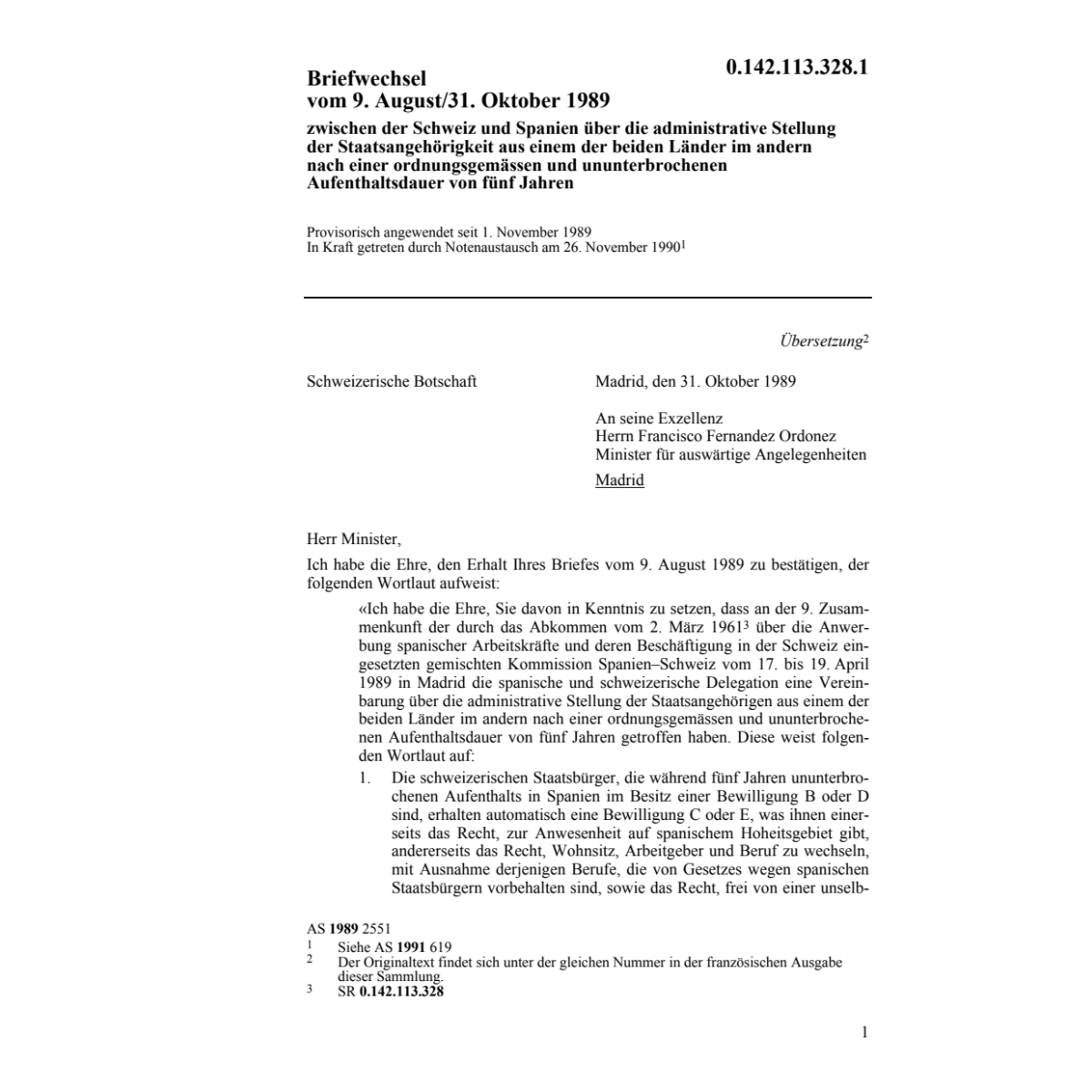 Briefwechsel Schweiz - Spanien