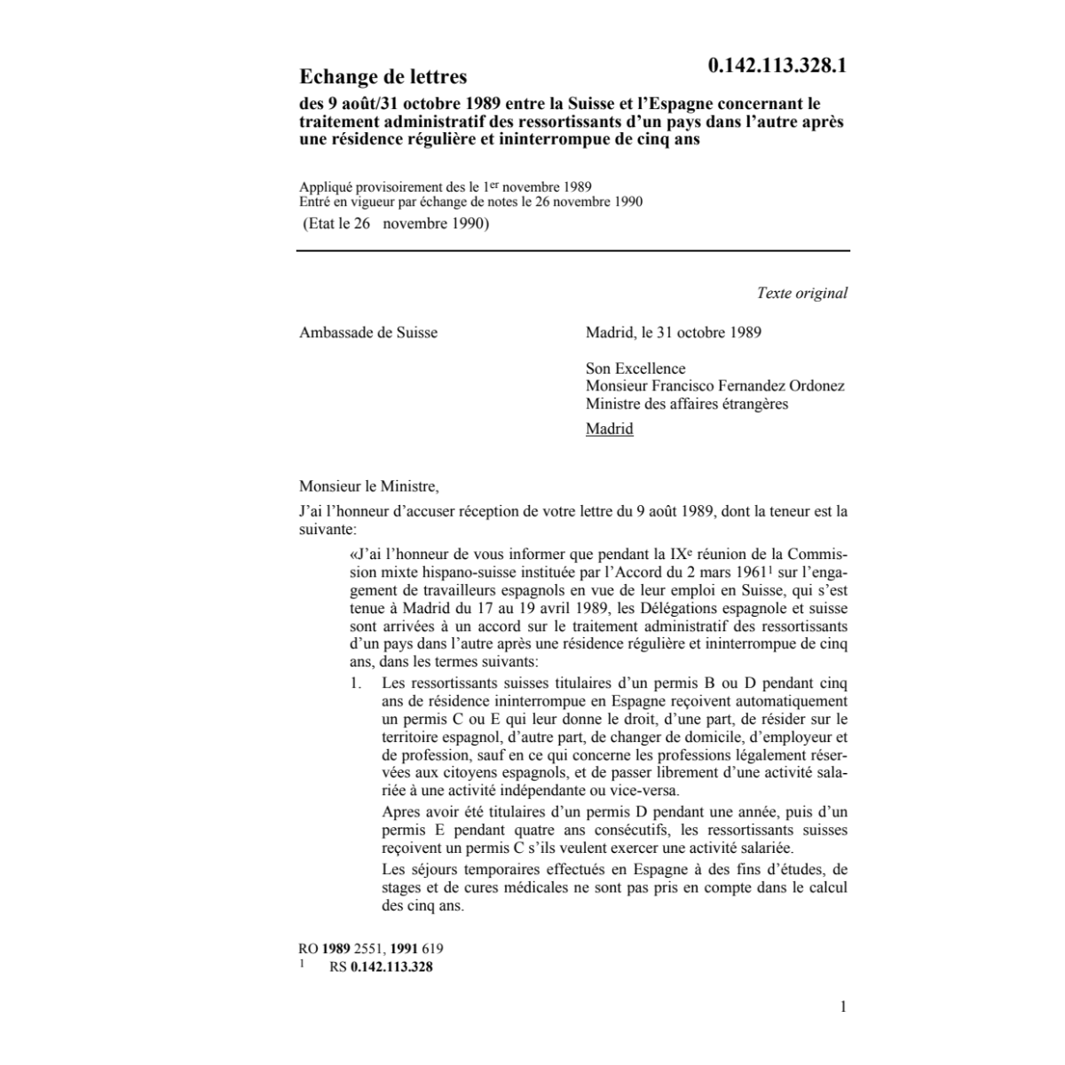 Echange lettres CH/E ressortissants