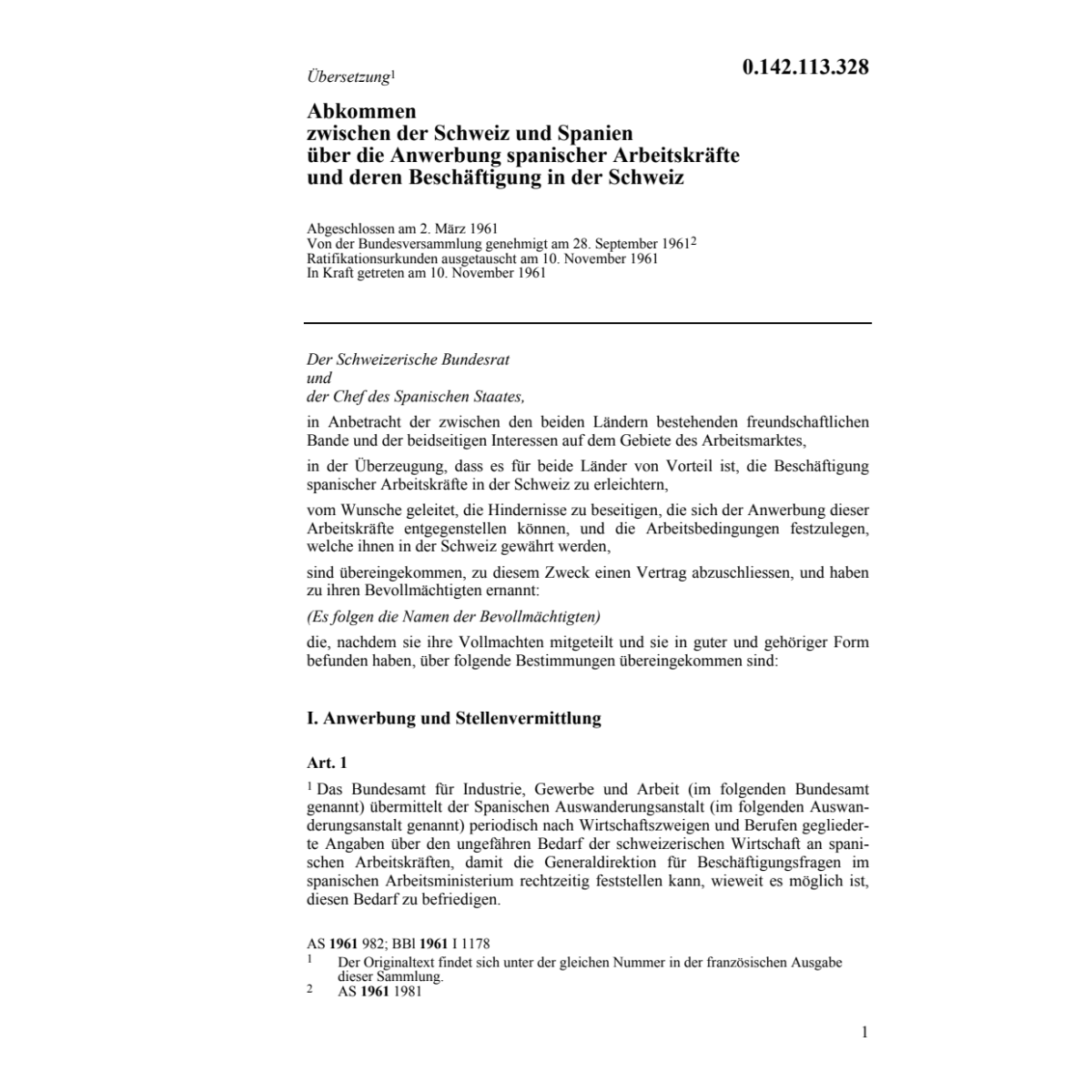 Abk. CH/Spanien Anwerbung Arbeitskräfte