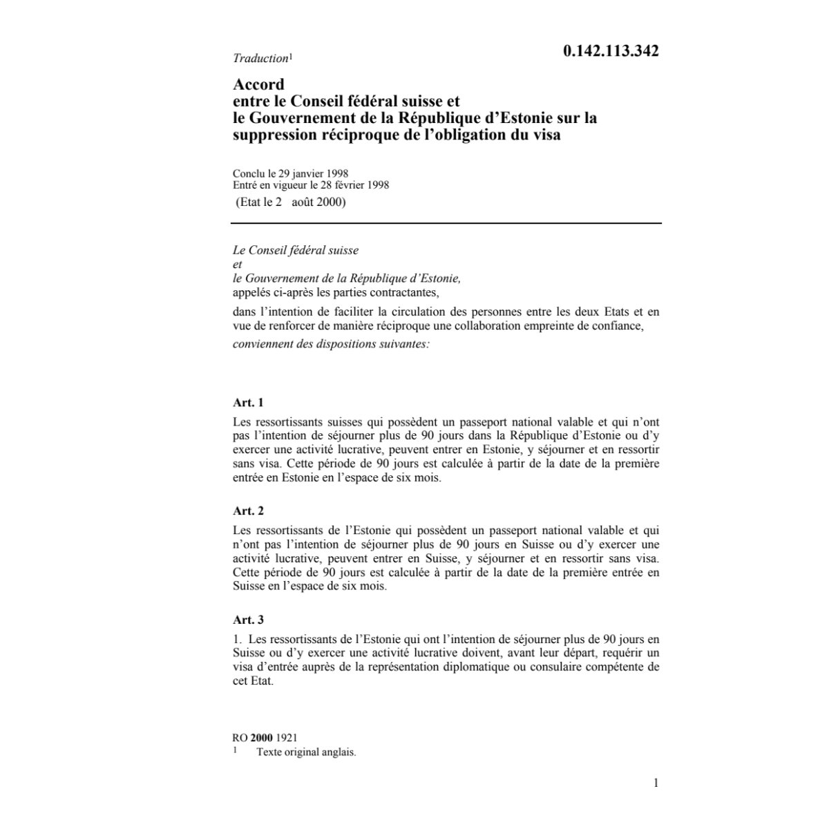 suppr. l'obligation visa Estonie29.1.98