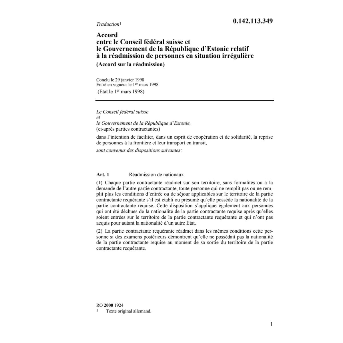 Accord sur la réadmission Estonie29.1.98