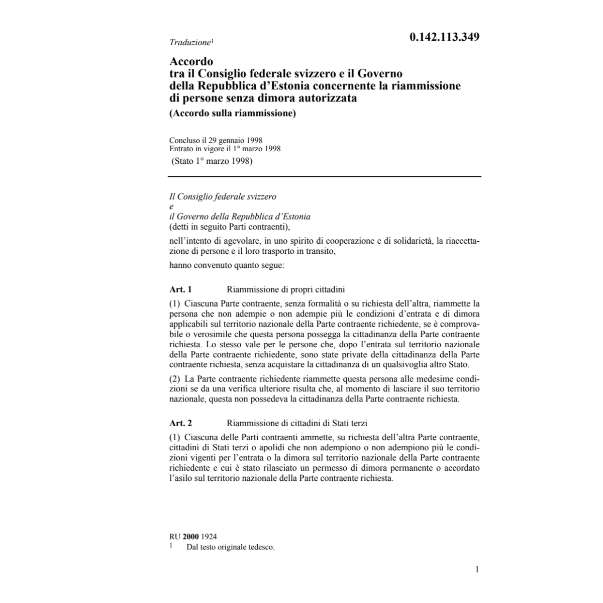 Accordo sulla riammssione Estonia29.1.98
