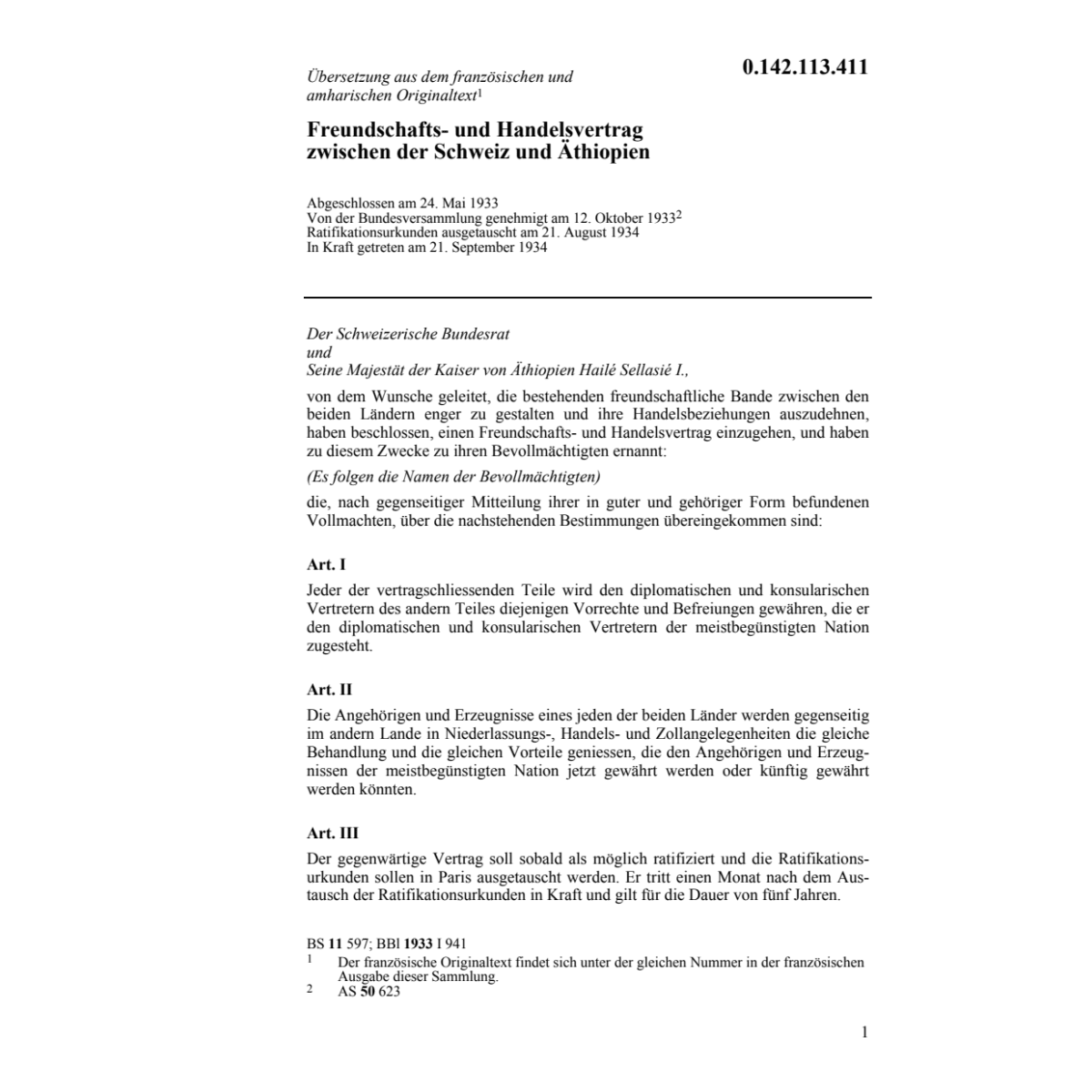 Freundschaftsvertrag CH/Aethiopien