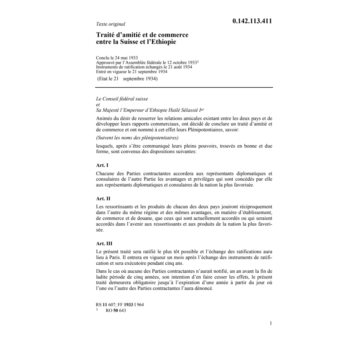 Tr. d'amitié, commerce Suisse/Ethiopie