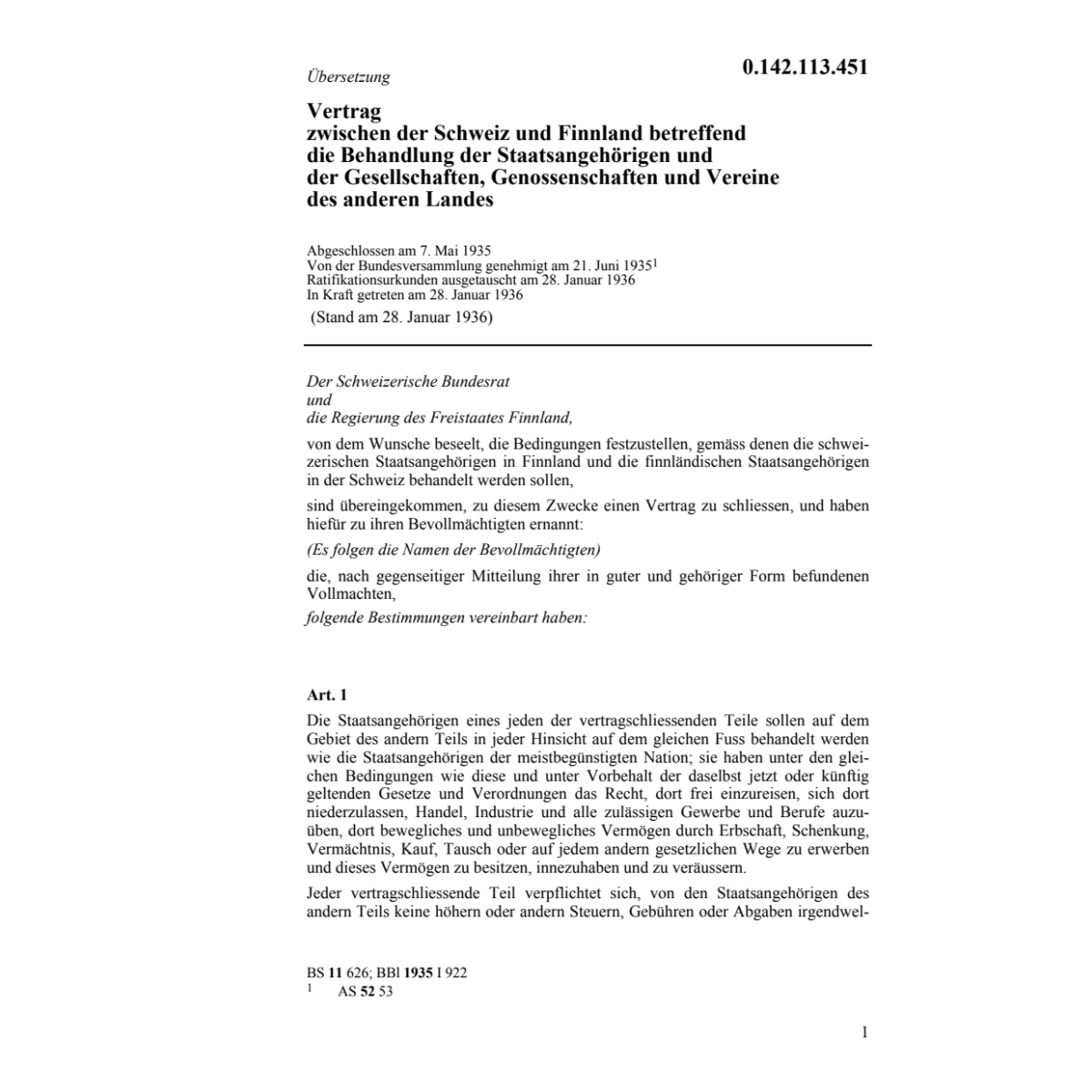Vertrag Schweiz-Finnland Staatsangehörig