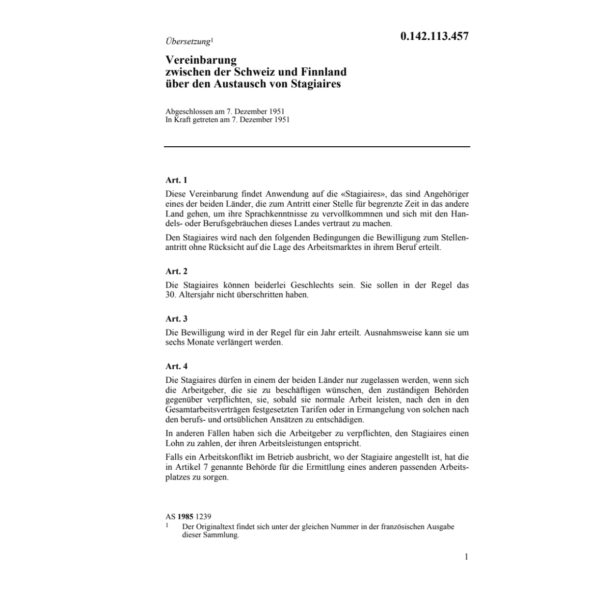 Vereinb.CH-Finnland,Austausch Stagiaires