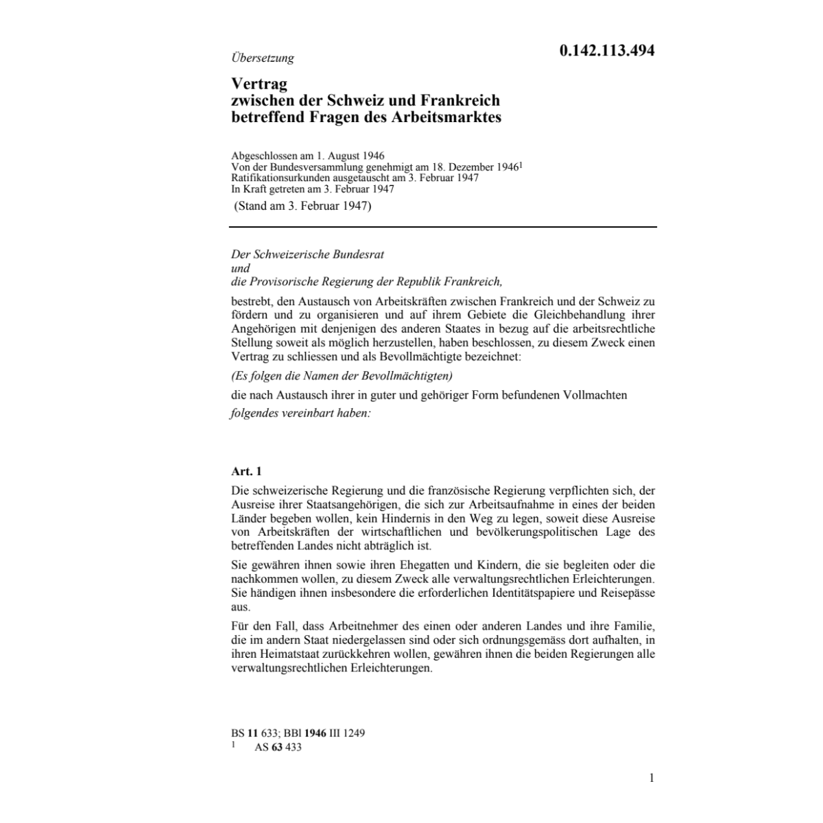 Vertrag CH-F, Fragen des Arbeitsmarktes