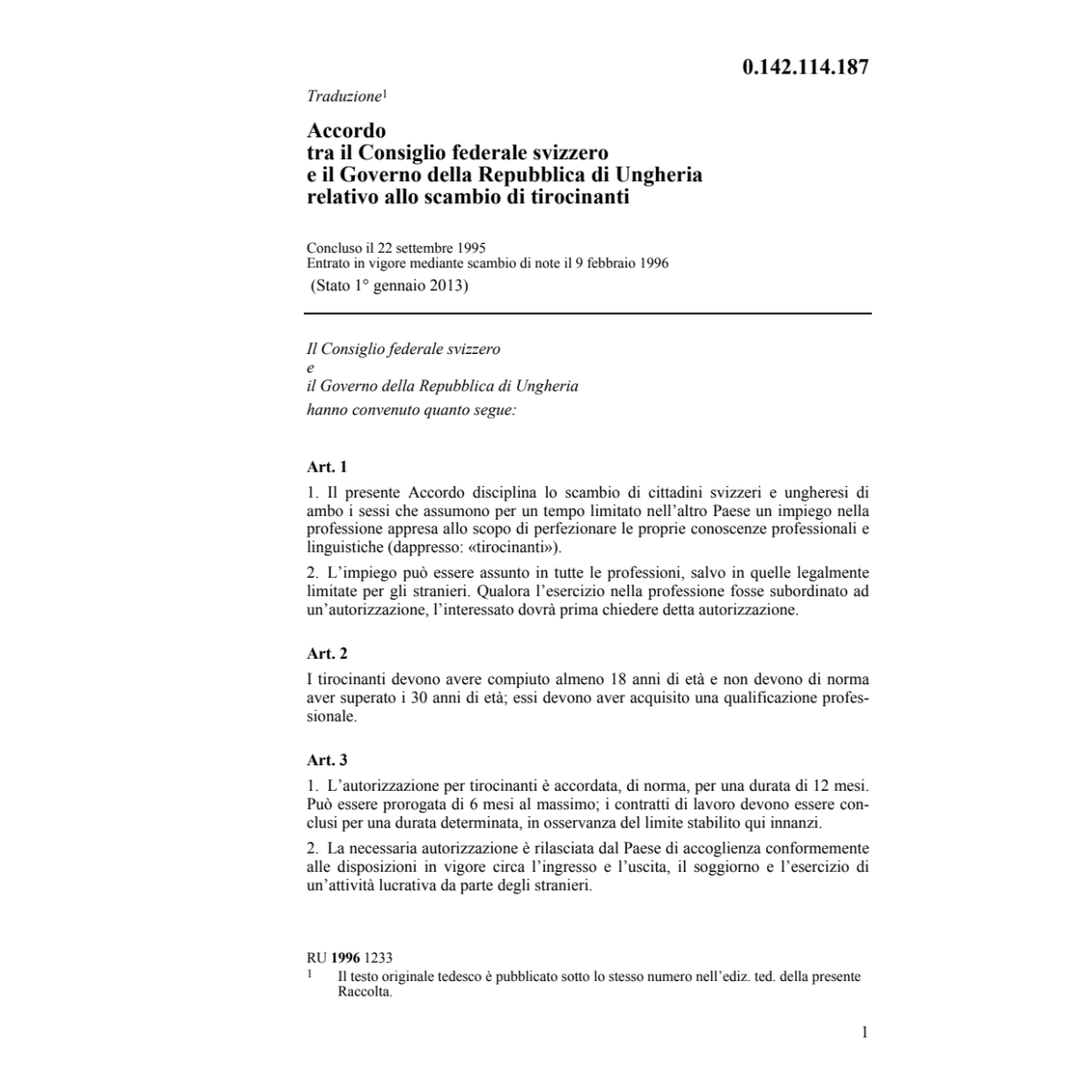 Acc. CH/Ungheria scambio di tirocinanti