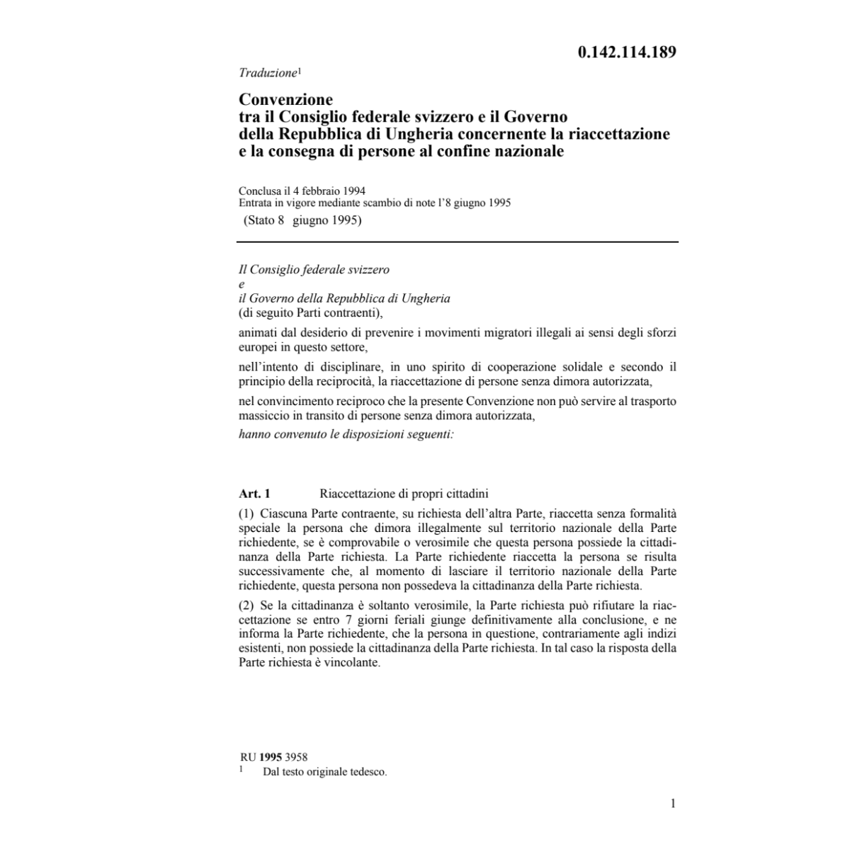 Conv. CH/Ungheria riaccettazione persone
