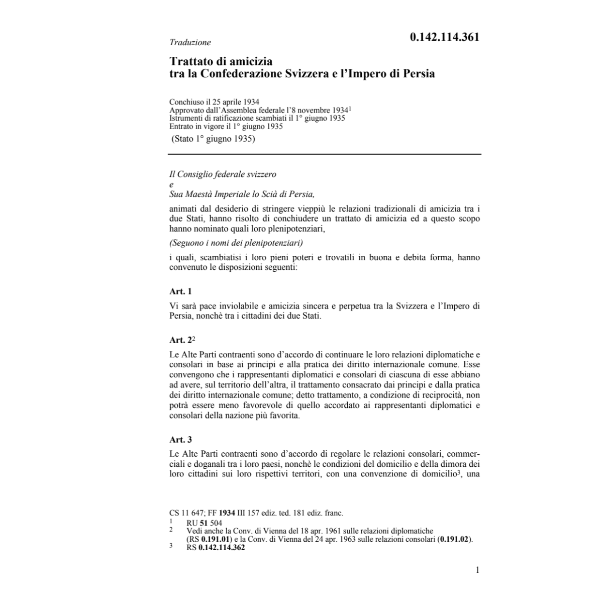 Tratt. di amicizia CH/Impero di Persia
