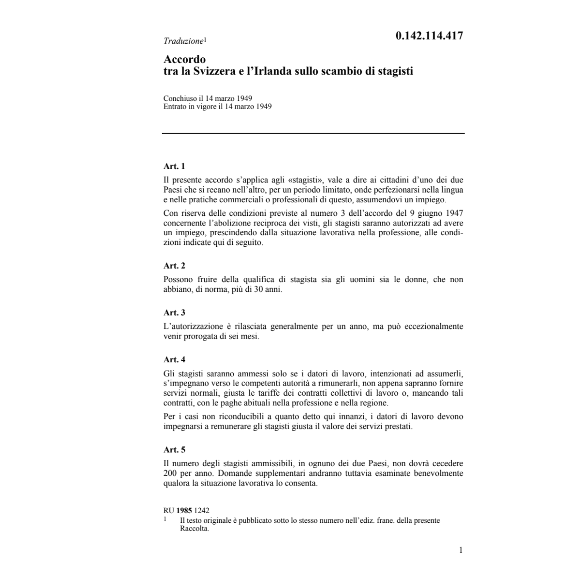 Acc. CH/Irlanda scambio di stagisti