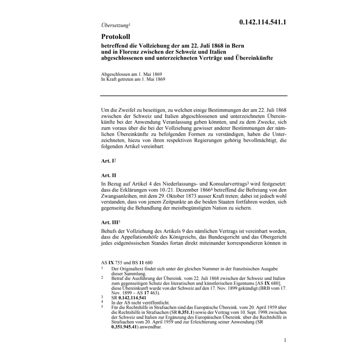 Protokoll vom 1.5.1869 CH/Italien