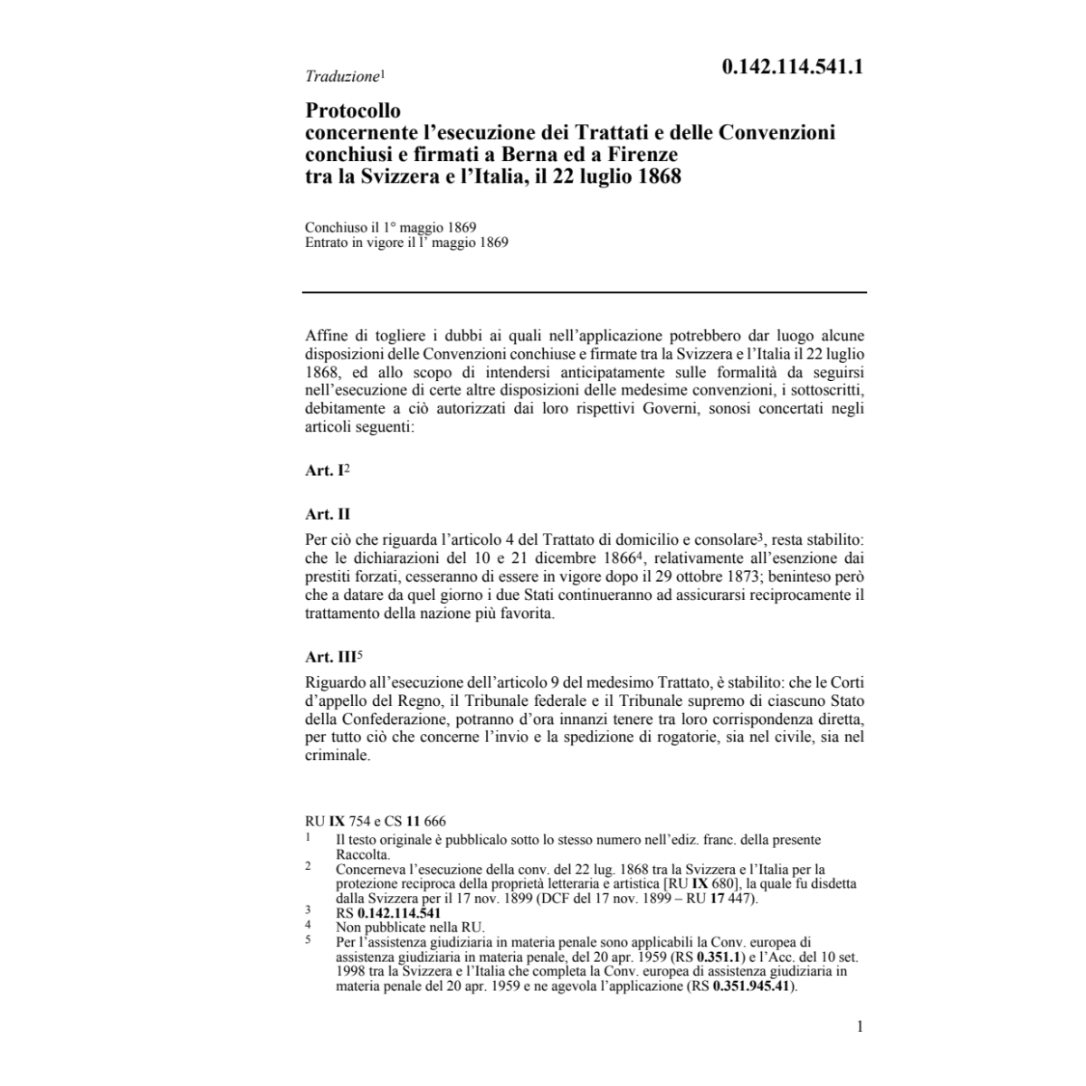 Prot. CH/I esecuzione dei Tratt./Conv.