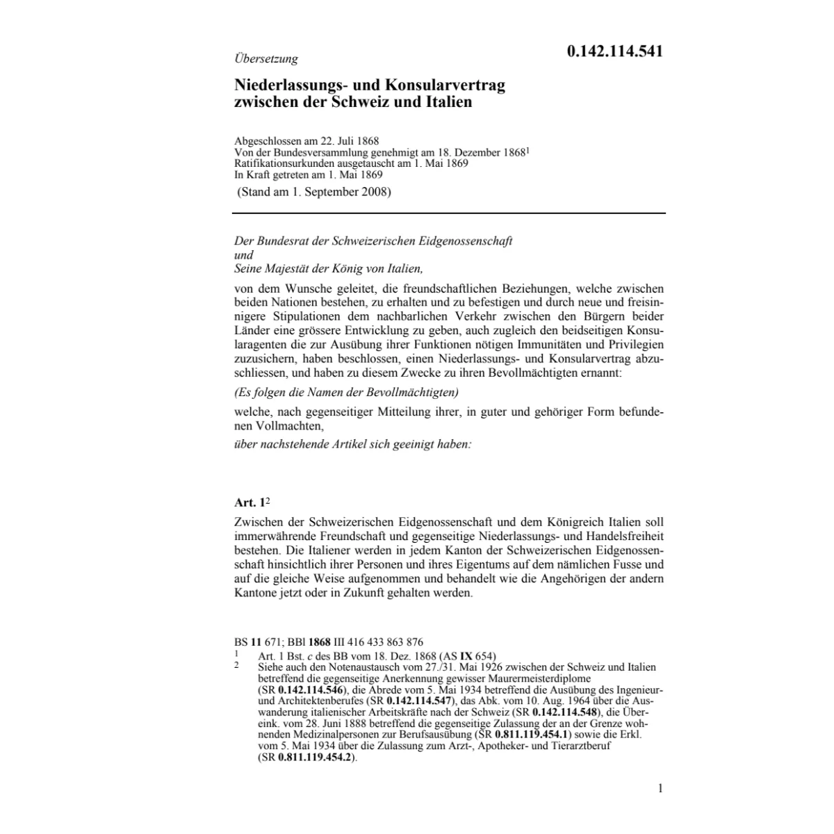 Niederlass.-Konsularvertrag,CH-Italien