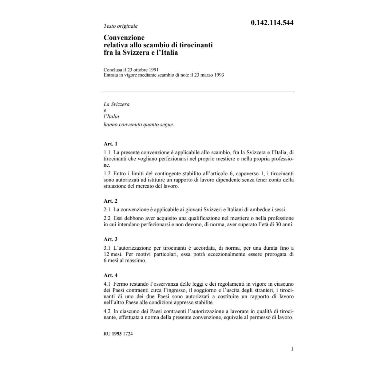 Conv. scambio di tirocinanti CH/I