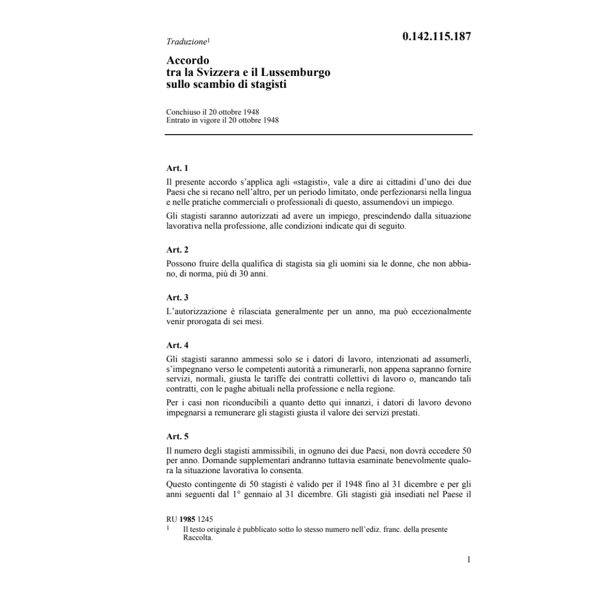 Acc. CH/Luxemburgo scambio di stagisti