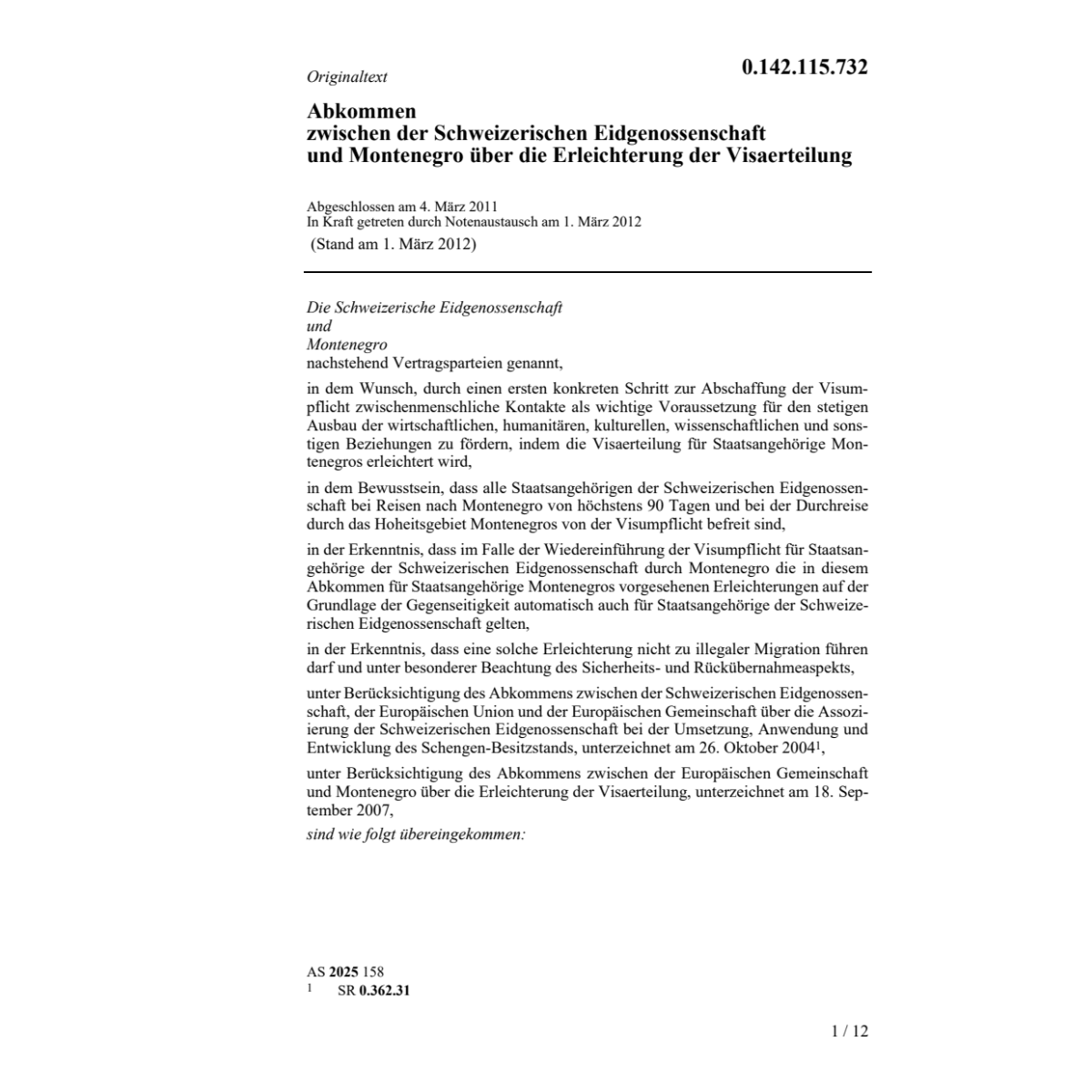 Abk. 04.03.2011 Schweiz Eidg. Montenegro