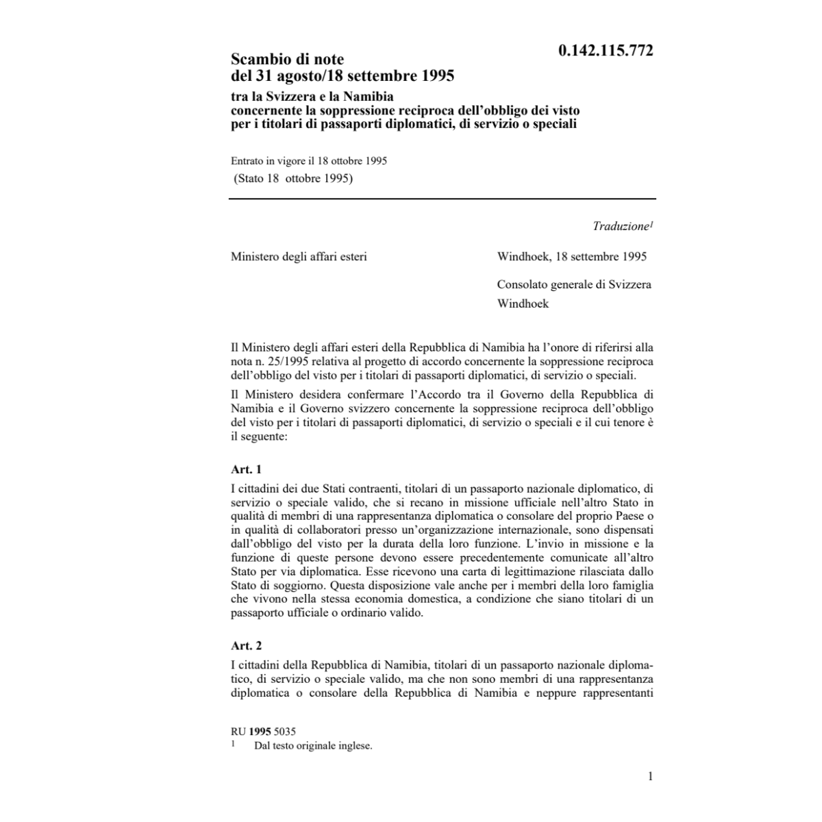 Note CH/Namibia obbligo del visto