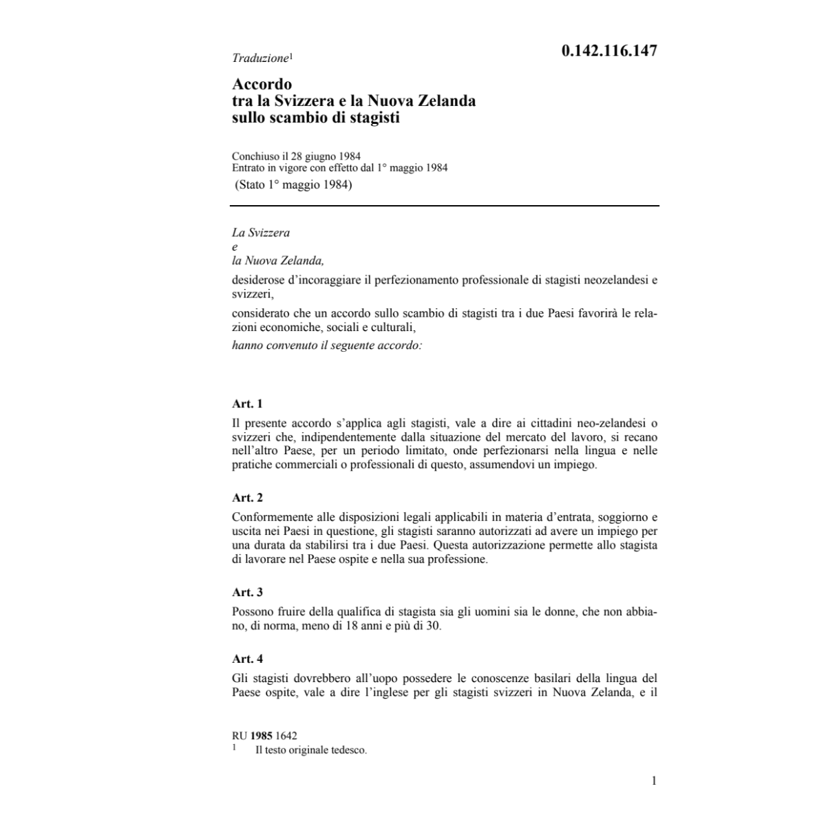 Acc CH/Nuova Zelanda scambio di stagisti