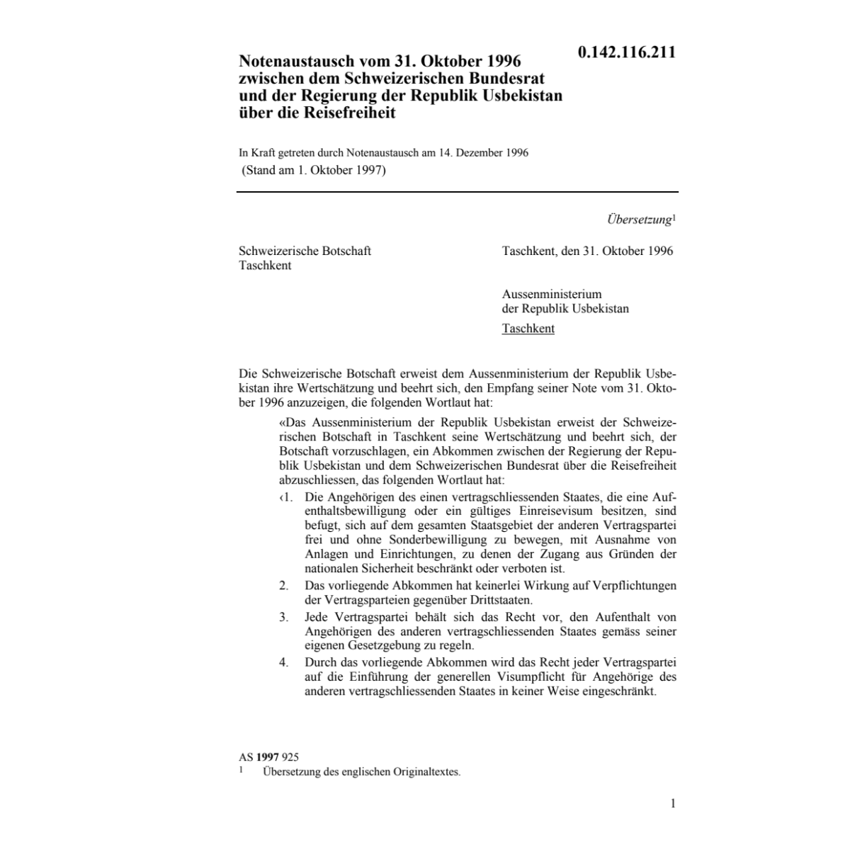 Notenaustausch, Reisefreiheit,Usbekistan