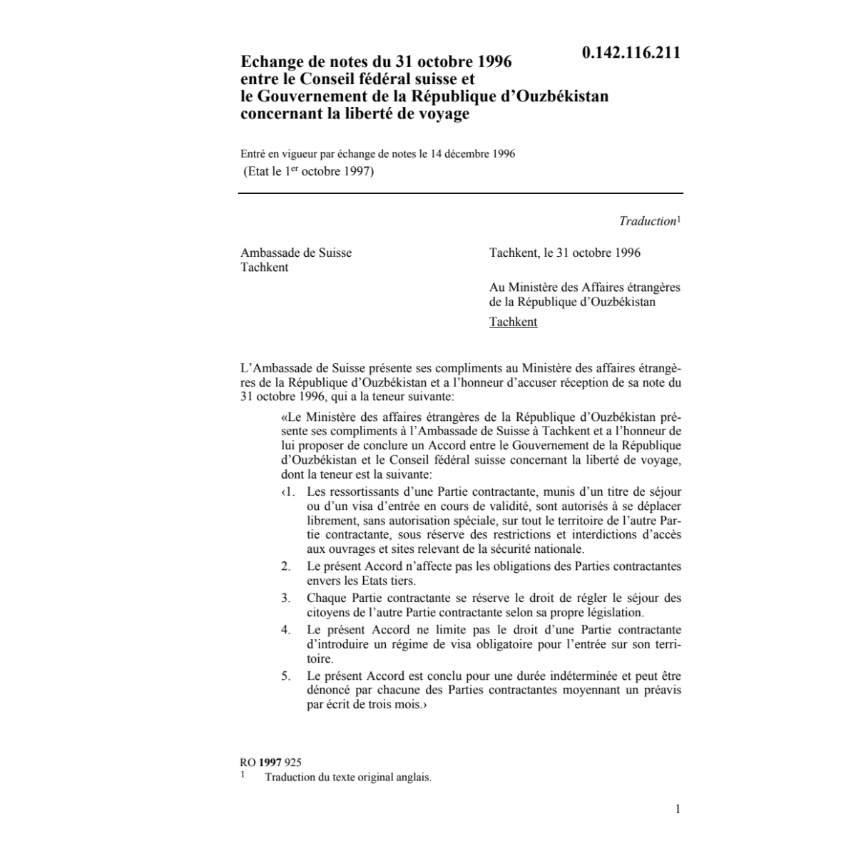 Echange de notes, Ouzbékistan, voyage