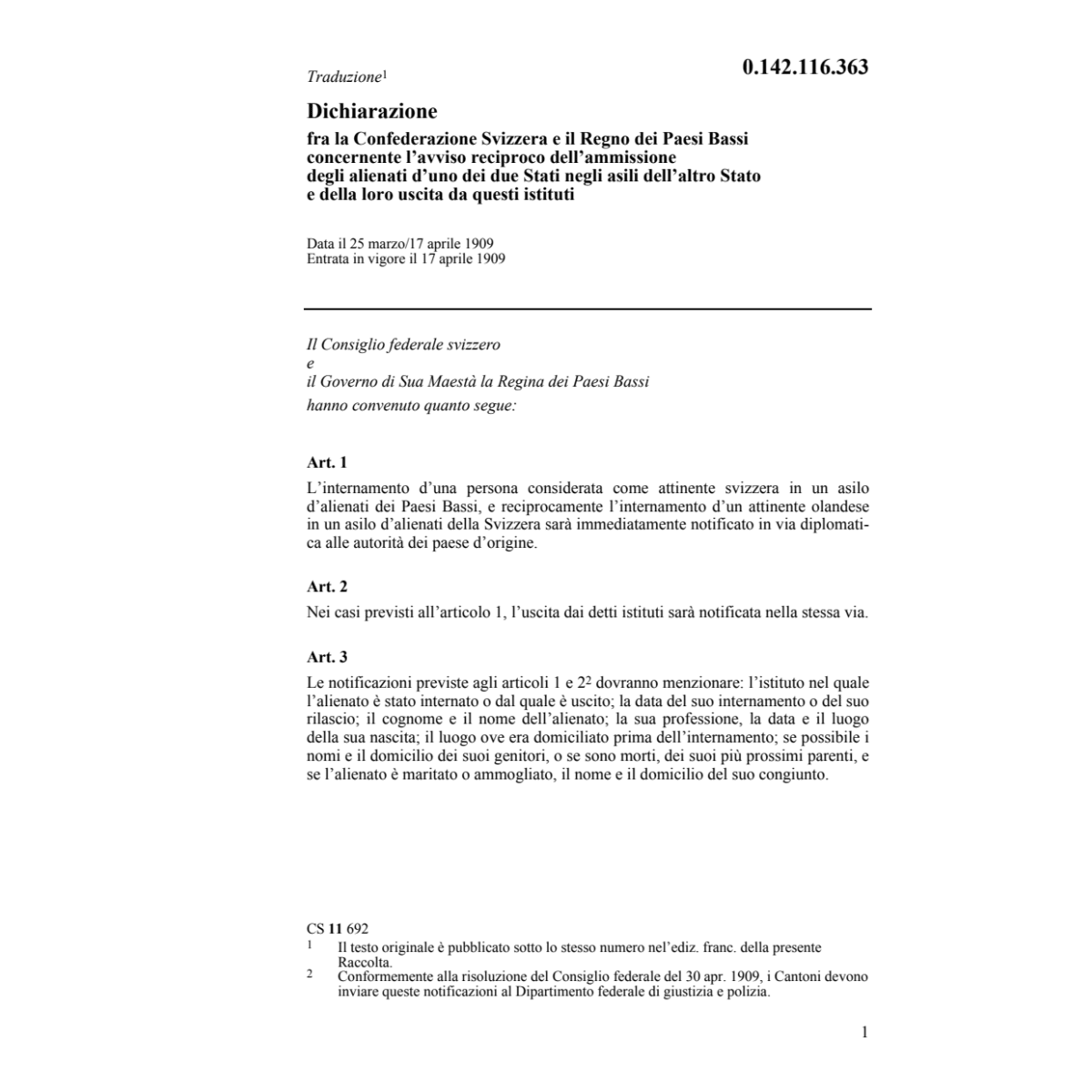 Dich. CH/Paesi Bassi ammissione alienati
