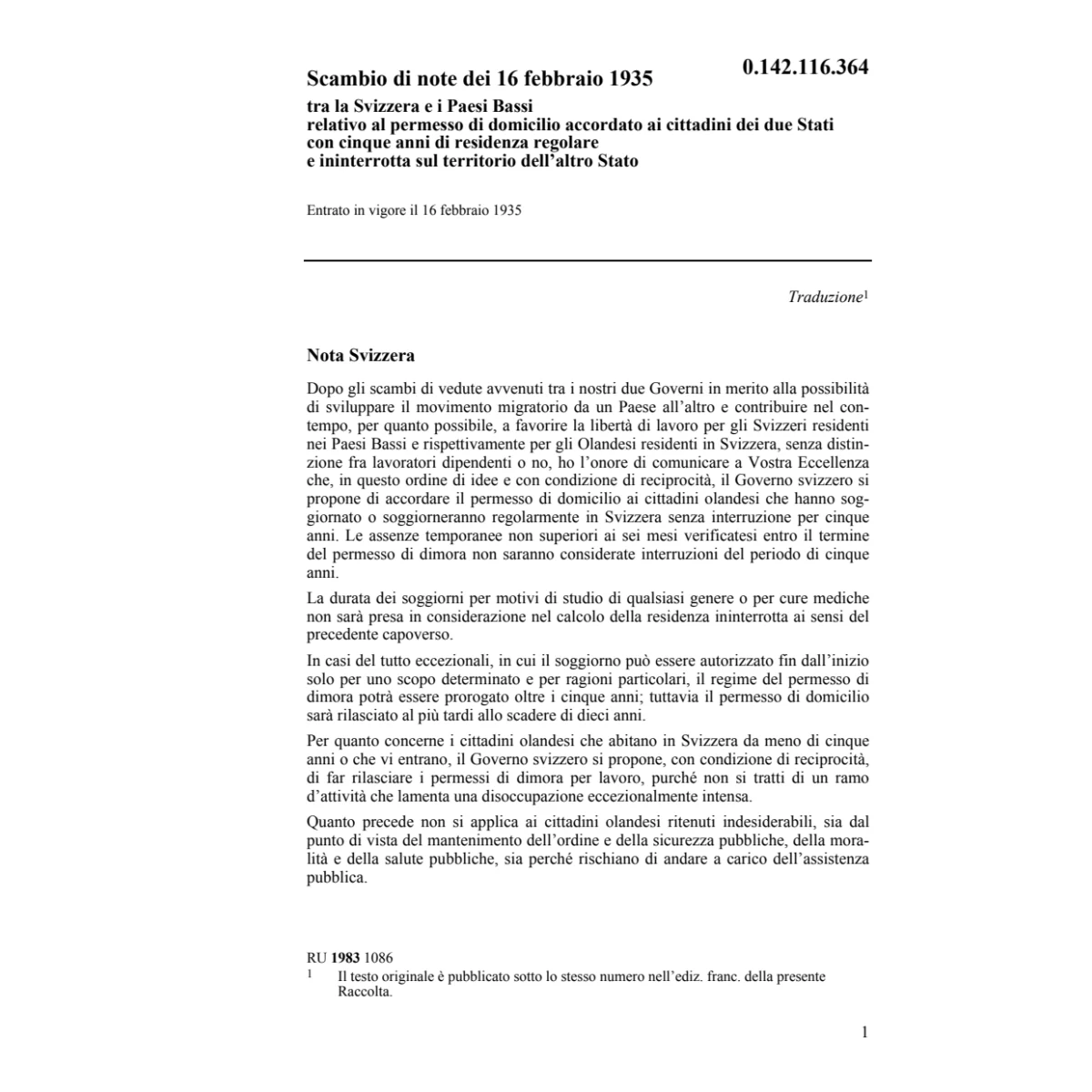 Note CH/Paesi Bassi permesso domicilio