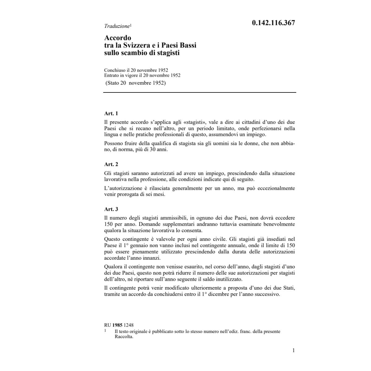 Acc. CH/Paesi Bassi scambio di stagisti