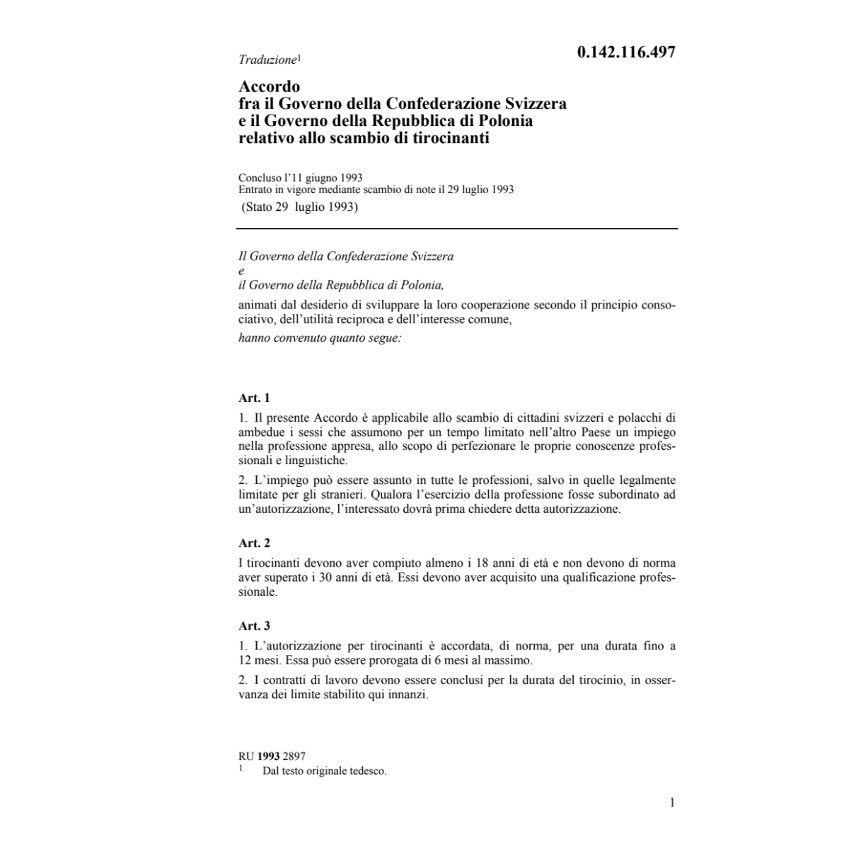 Acc. CH/Polonia scambio di tirocinanti