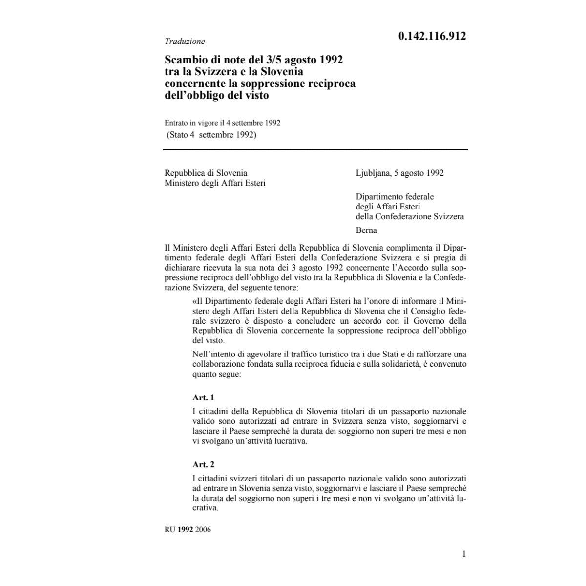 Note CH/Slovenia obbligo del visto